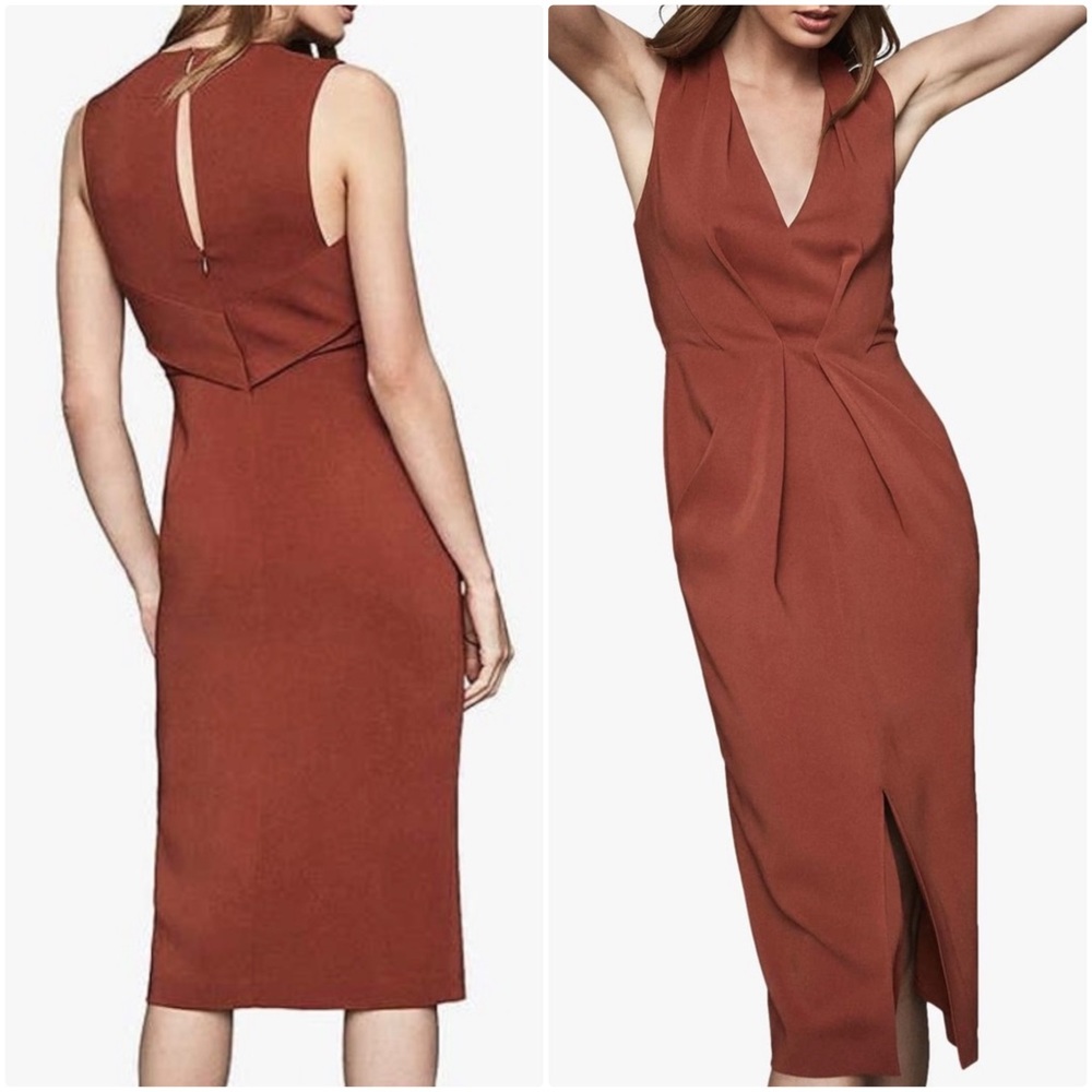 NWT Reiss Gracie Deep V Bodycon Sleeveless Midi Dress Rust